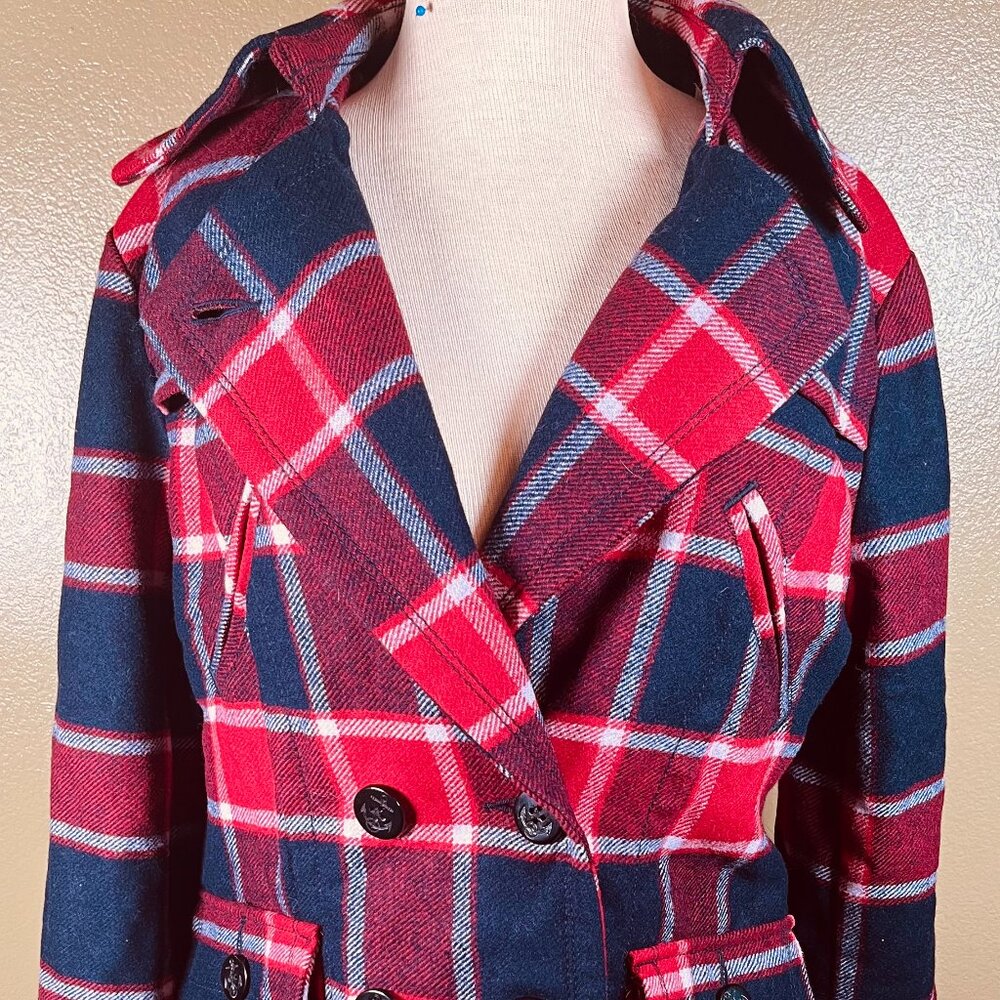 American Eagle Plaid Jacket Red Blue White Button Front Wool Coat Womens Size L
